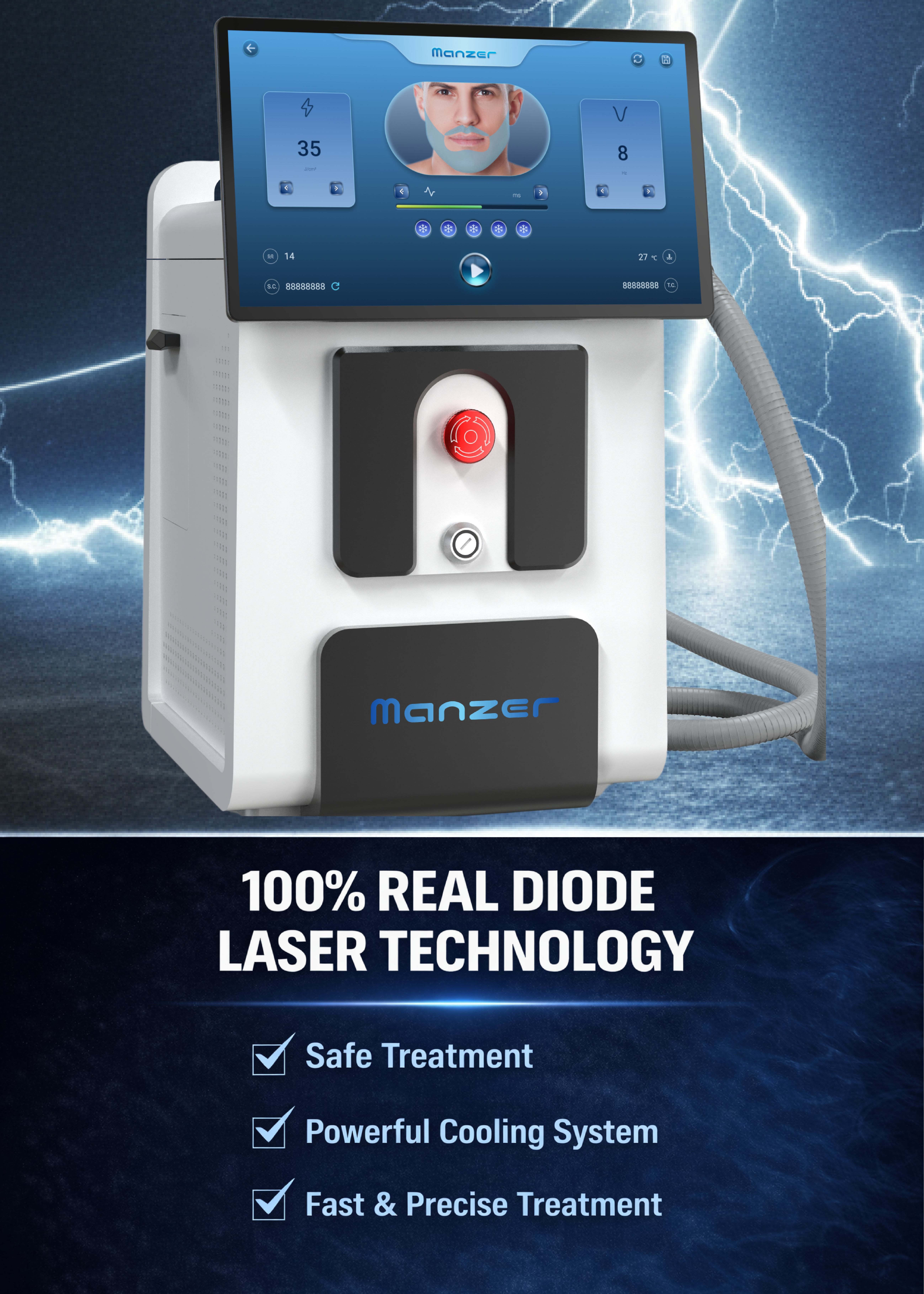 Manzer 100% real diode laser technology with safe treatment, powerful cooling system, and fast precise treatment for permanent hair removal at Queens NYC